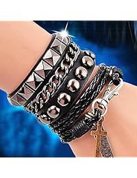 Y-Blue - Pulsera multicapa de piel punk trenzada con cruz trenzada