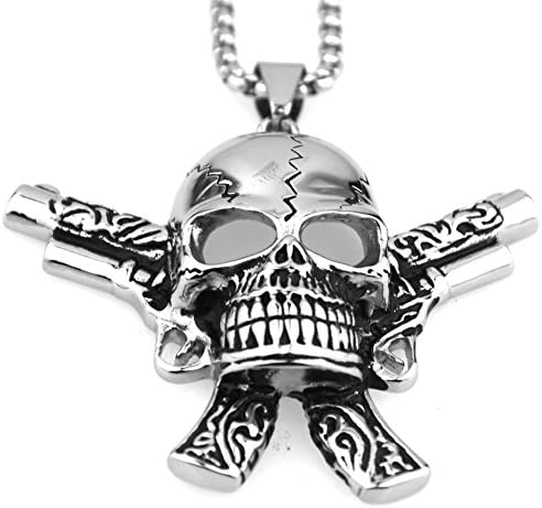 Mens Silver Black Gothic Punk Biker Skull Guns Cowboy Stainless Steel Pendant Necklace, 23" Charm Chain