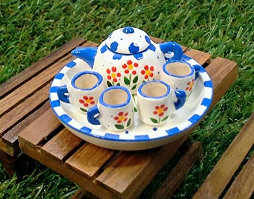 Miniature 7PCS Hand Painted Ceramic Tea Cup Set for Dollhouse Kitchen Accessories or Mini Fairy garden (Blue)