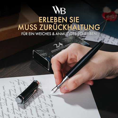 Wordsworth & Black Füllfederhalter Set, mittlere Spitze, inklusive 24 Tintenpatronen und Kolbenkonverter, Geschenkbox, Kalligraphie, glattes Schreiben, Chrom-Schwarz thumbnail 2