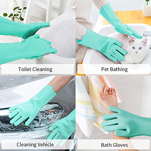 Magic Silicone Cleaning Gloves Dishwashing Scrubber - 1 Pair Reusable Dish Wash Scrubbing Sponge Gloves with Bristles, Great for Washing Dish, Kitchen, Car, Bathroom. 2PACK (Green)