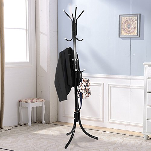 Fashine Metal Entryway Coat Rack Hat Hanger Holder Display Stand Hall Tree with 12 Hooks, Tripod Base for Umbrella Purse Handbag Jacket Scarf (US Stock) (Black) - Thumbnail 2