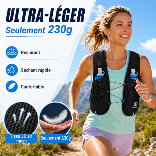 ONETOALL Women's Running Hydration Vest – 2 Soft Bottles 500 ml + LED Light, Lightweight Running Bag for Men, Marathon, Trail, Hiking