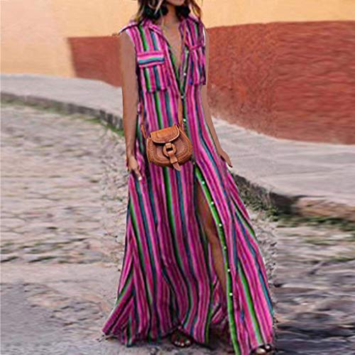 2019 New Womens Bohemia Casual Striple Dress Casual Button Sleeveless Dresses Summer Loose Party Long Maxi Dress (Hot Pink, XL)
