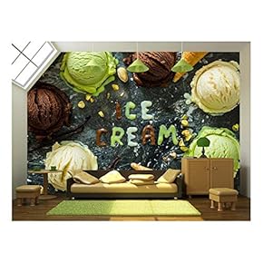 Selection of Colorful Ice Cream Scoops in White Bowls, Copy Space - Removable Wall Mural | Self-Adhesive Large Wallpaper - 66x96 inches