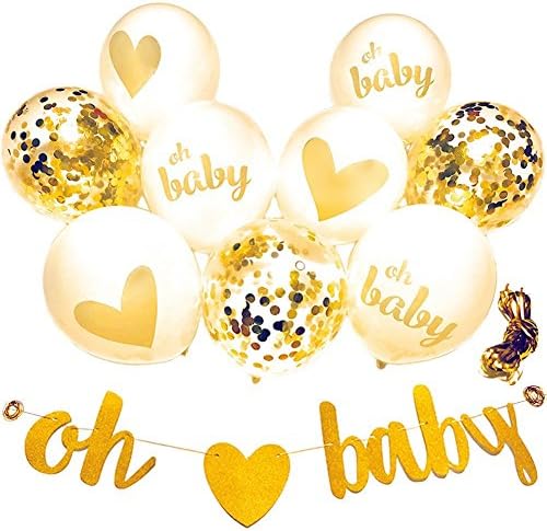 Baby Shower Decorations Neutral Decor Strung Banner (OH BABY) &amp; 9PC Balloons w/Ribbon [Gold, Confetti, White] Kit Set | Hang on Wall | Glitter Unisex Pregnancy Announcement Gender Reveal Party (Gold)