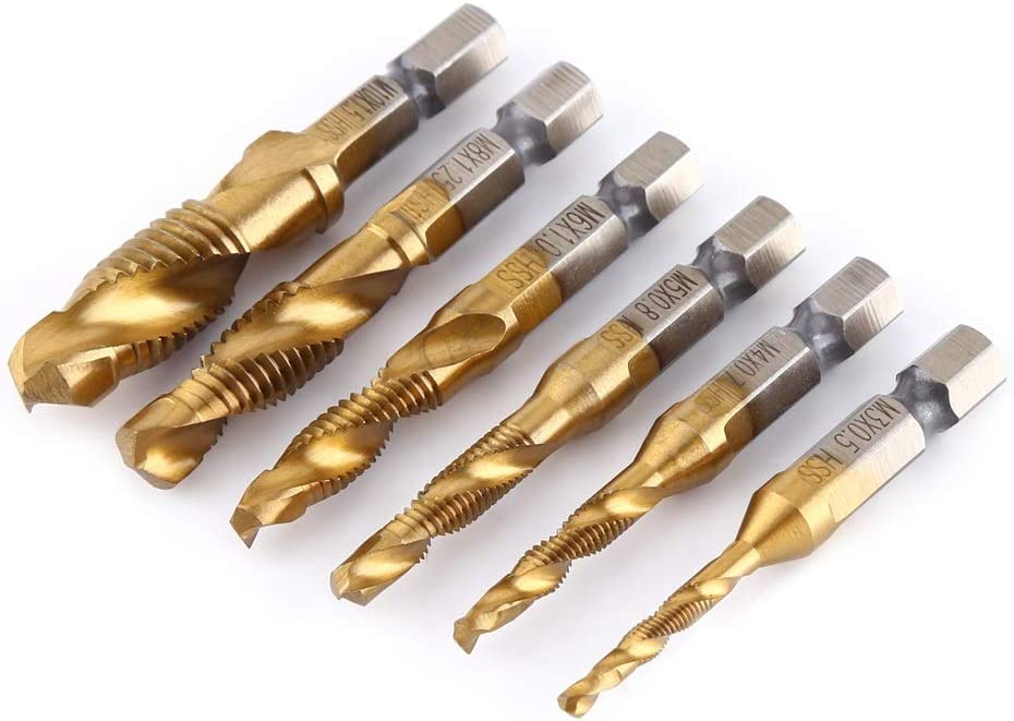 Aeloa Dril Tap Bits, 6Pcs Thread Tap Drill Bit Set M3-M10 Hand Tap Hex Shank Drill Titanium Coated HSS Drill and Tap Bits 1/4" Hex Shank