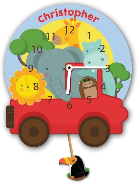 Forever Bespoke Safari Personalised Kid's Silent Tick Multi Coloured 22.5cm Pendulum Wall Clock