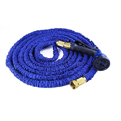 Expandable Garden Hose,TechCode 50 FEET Flexible Garden Hose Pipe with Solid Brass Hose Fittings & Spray Gun for Plants Watering and Car Washing (50FT, Blue)