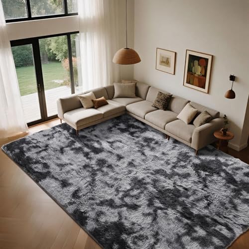 ASIinnsy Living Room Rug, Long Hair, Shaggy Modern Large Grey Rug, Non-Slip Soft, for Bedroom, Dining Room, Plush Rug (250 x 300 cm, Grey Black)