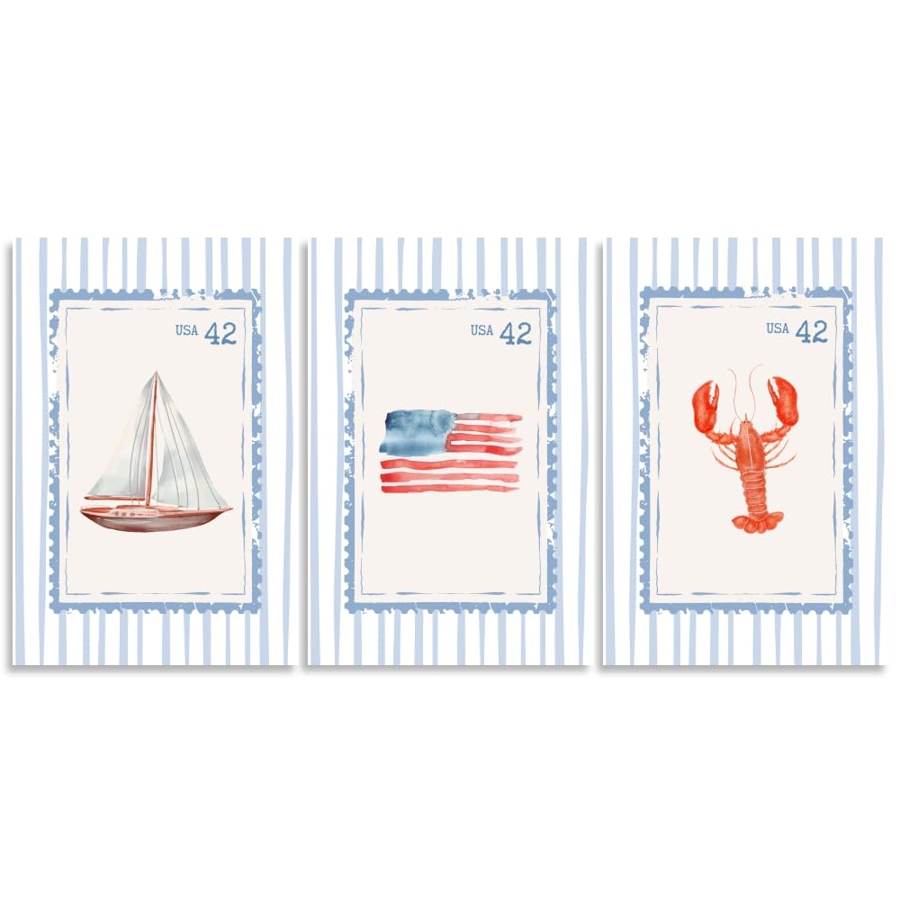 Photo 1 of Blue Beach Stamp Set of 3 Canvas Poster Coastal Granddaughter Room Wall Art Decor Fisherman Preppy Aesthetic Prints Artwork for Girly Dorm Apartment Ocean Home Decoration 8x12inch Unframed