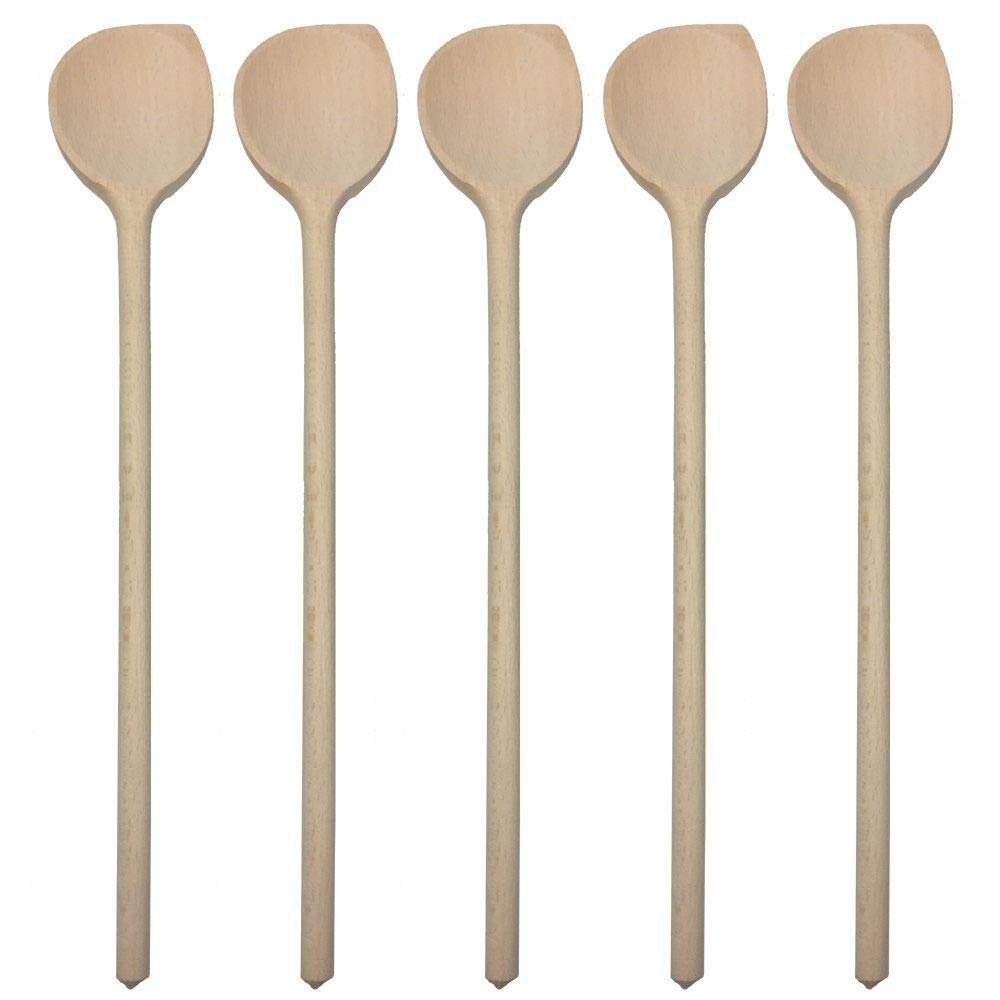 Grillplanet Wooden Spoons Set of 5 Wooden Cooking Spoons 35 cm Long/Round Head with Corner, Pack of 5 Wooden Cooking Spoons Made of Beech Wood Round
