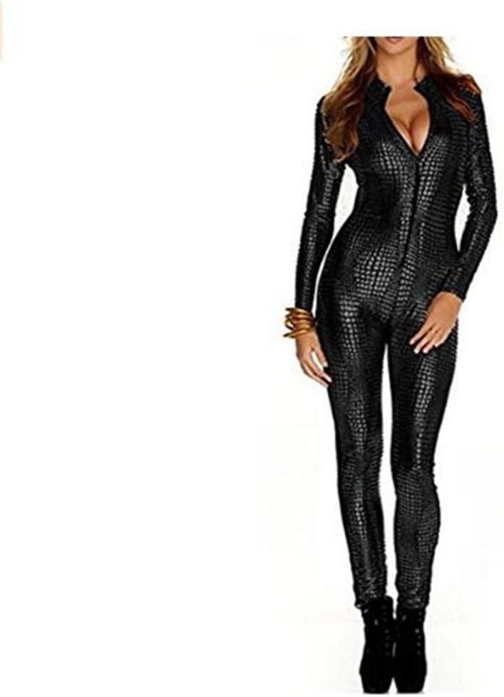 Women Shiny Catsuit Unitard Faux Leather Jumpsuit Cosplay Ladies Girl Fancy Dress Playsuit Sexy Party Clubwear PU Leather Bodysuit Zip Up Dancewear (M, Black)