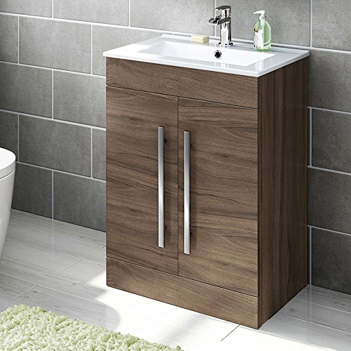 600 mm Walnut Vanity Sink Unit Ceramic Basin Bathroom Storage Furniture