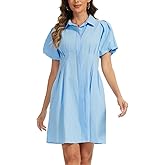 D-Sun Women's Short Puff Sleeve Shirt Dress Button Down Pleated Mini Dress Casual Short Dresses