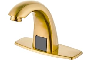 Luxice Brushed Gold Touchless Bathroom Sink Faucet - Automatic Motion Sensor Battery Opertated with Temperature Mixing Valve for Commercial Lavatory