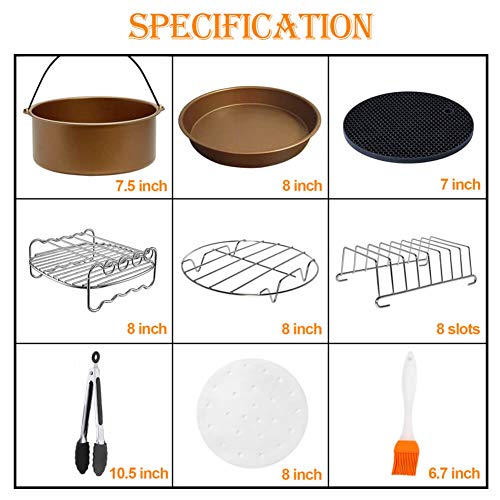 8 inch XL Air Fryer Accessories 11 pcs with Recipe Cookbook Compatible for Gowise USA Cozyna Airfryer XL 5.3QT – 5.8QT, Deluxe Deep Fryer Accessories Set of 12 - Champagne Gold