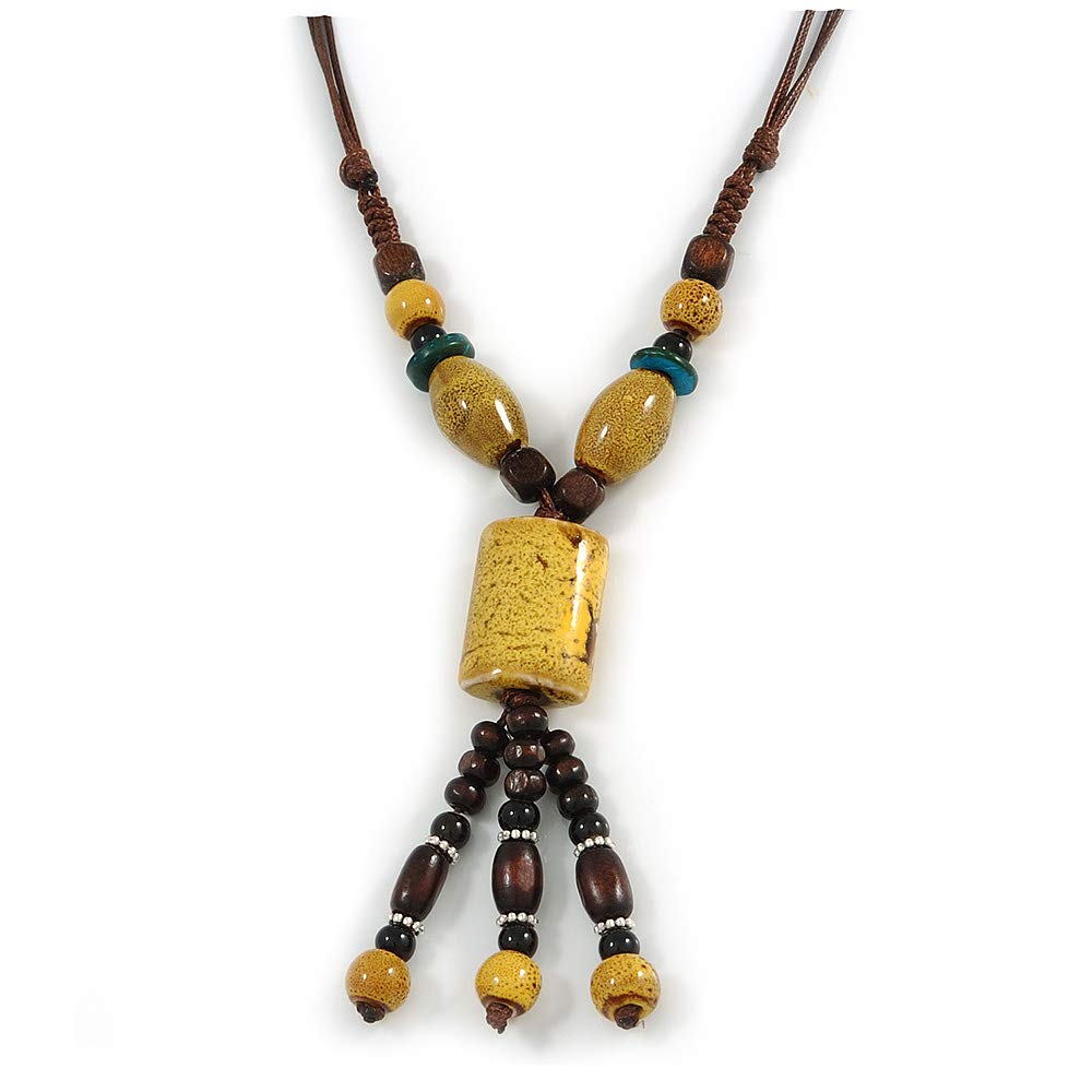 Avalaya Dusty Yellow Ceramic, Brown Wood Bead with Silk Cords Necklace - 56cm to 80cm Long/Adjustable