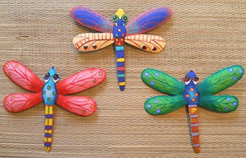 Hand Painted Metal Art Set of 3 Dragonflies Wall Hanging