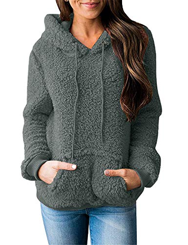 Enjoybuy Womens Winter Fall Boyfriend Oversized Fuzzy Sherpa Fleece Crewneck Sweatshirt Pullover Hoodie Warm Outerwear (Large, 02-Green)
