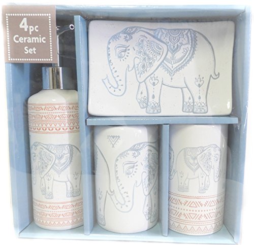 DINY Home & Style Designer 4-Piece Ceramic Bath Accessory Set | Includes Liquid Soap or Lotion Dispenser w/Toothbrush Holder, Tumbler, Soap Dish (Elephant)