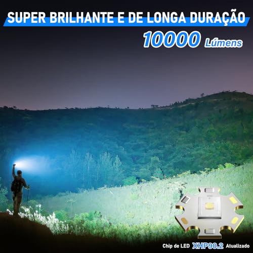 Lanterna Led Recarregável 10000Lúmen, Lanternas Tatica Militar Há 7 Modos, XHP90.2 Chip, lanternas Potente Zoom de Longo Alcance, Lanternas Para Acampamento, Pesca Emergências, Super Lanterna USB LED