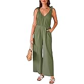 CUPSHE Women's Summer Jumpsuit 100% Cotton Beach Vacation V Neck Tie Strap Sleeveless Wide Leg Jumpsuit with Pockets