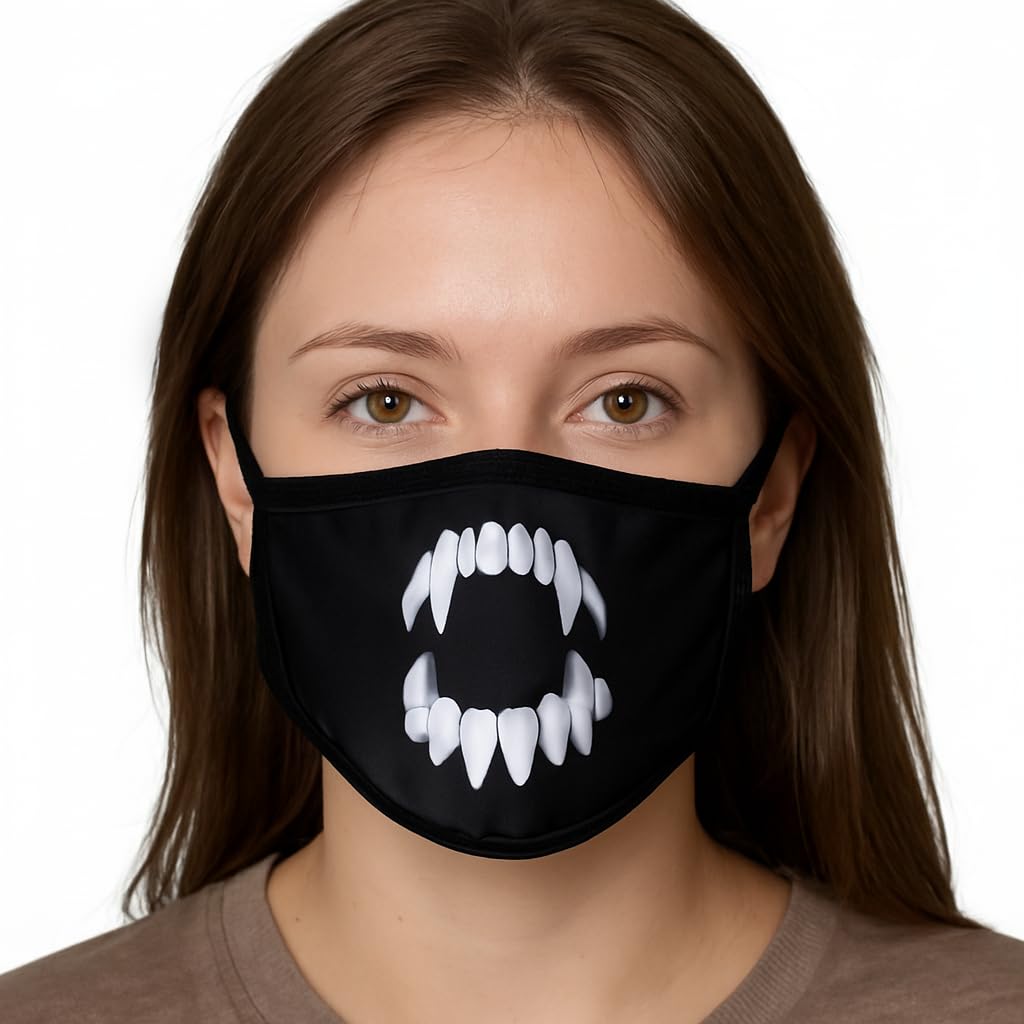 Komonee Adults Face Mask Washable Reusable Trendy Dustproof Scary Teeth Cloth Mouth Cover Covering For Boys Girls Outdoors Indoors Childrens School Protection