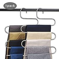 Multi-Purpose Pants Hangers, CEISPOB S-type 5 Layers Stainless Steel Clothes Hangers Storage Pant Rack Closet Space Saver for Trousers Jeans Towels Scarf Tie (1 pack)