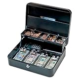SharpVault Cash Box with Lock, Black – 2018 Money Box Safe, 5 compartments & 4 Spring Loaded, Lock Box with Key