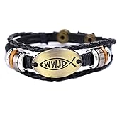 Hewill WWJD Bracelets Multi-Layer What Would Jesus Do Leather Bracelet Vintage Jesus Fish Bracelets for Women Men Religious Christian Jewelry