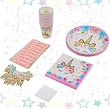 Unicorn Party Supplies Set 16 Kids Magic Birthday | 80 Pack Pieces Plates 350GSM Napkins Cups Straws Straw Decorations | Perfect First Girls Boys Children Favors Disposable Eco Paper Tableware