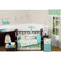 Unique Crib Bedding Turquoise Blue and Lime Green Layla Floral Baby Girl Bedding 9pc Flower Crib Set