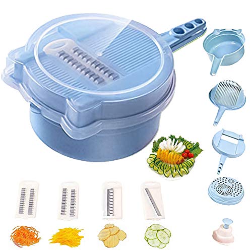 Vegetable Chopper Cutter Spiralizer 9 in 1 Multi-function Cutter Slicer Dicer Easy Food Chopper Slicer Dicer Tool Manual Mandoline for Cheese Onion Chopper (Blue)