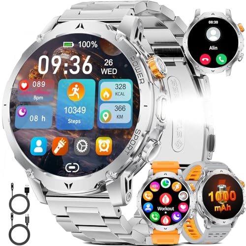 EF24-D Men's Smart Watch with 1000 mAh/Flashlight/Bluetooth Call, 1.7 Inch Military Smartwatch with 110+ Sports Modes, IP68 Waterproof, Heart Rate, Android iOS, 3 Bracelets+2 Chargers