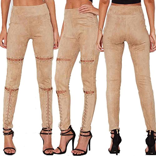 Highpot Stylish Wild Women Lace-up Style Hollow Artificial Suede Leather Pants (M, Khaki)