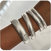 Giovanchi 18K Gold Plated Bangles for Women Set of 4 Chunky Stretch Bangles Bracelets Stainless Steel Bracelets Flexible Wide Stack Bracelets for Women