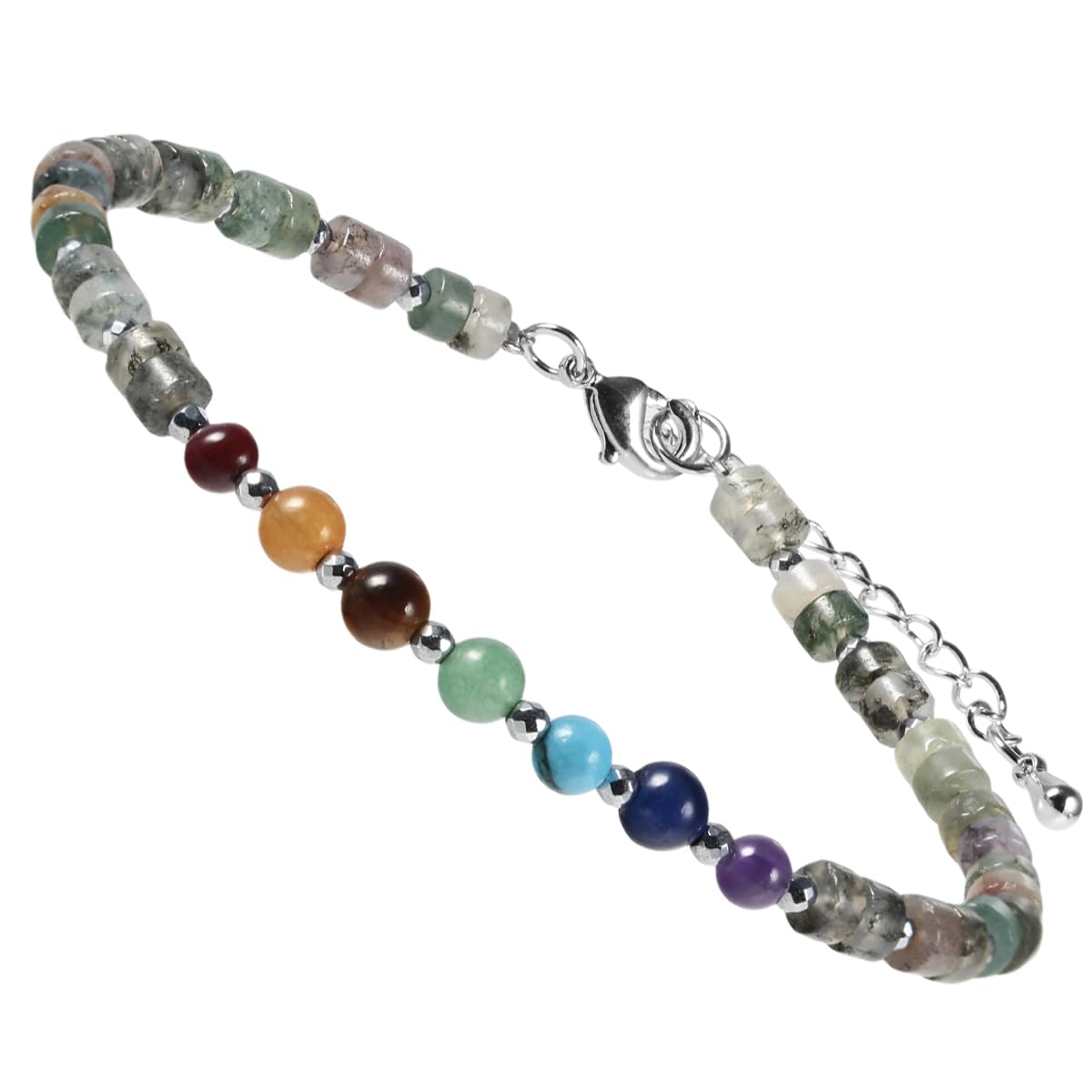 mookaitedecor 7 Chakra Healing Crystal Stone Bracelet for Women Men, Colourful Indian Agate Crystal Flat Beads Bracelet Semi Precious Gemstone Stone Jewellery Adjustable Yoga Reiki Link Bangle