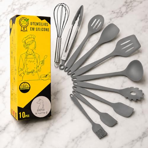 Conjunto CINZA Utensílios Jogo Kit Profissional 10 Peças Cozinha Silicone Resistente a Altas Temperaturas Antiriscos BPA Free Colher Espátula X-MATTE