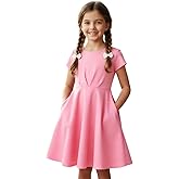Girls Summer Dress Short Sleeve A-Line Twirl Skater Fit and Flare Dress with Pockets