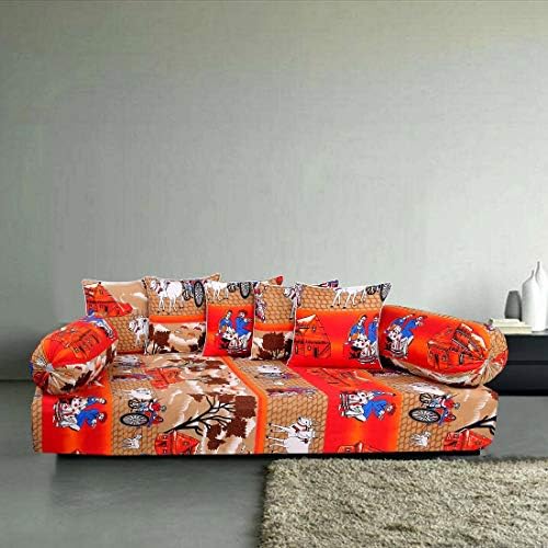choice homes Cotton Diwan Set 8 Pieces of Combo 5 Cushion Covers with Piping 2 Bloster Covers with Single Bedsheet Color-Traditional Village Print