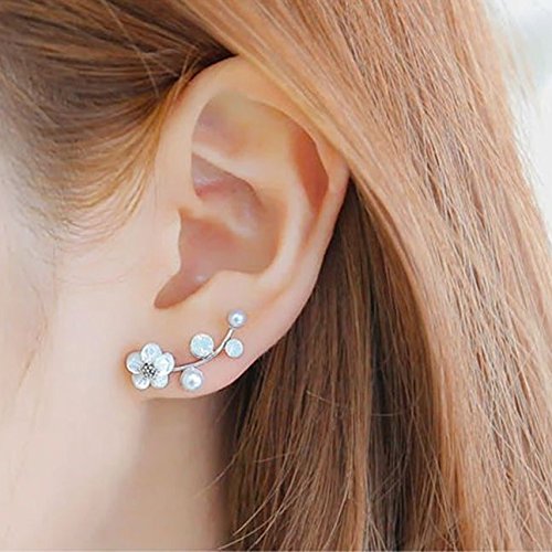 EAR VINES Silver Shell Pearl Flower Ear Vine Wrap Pin Sweep up Ear