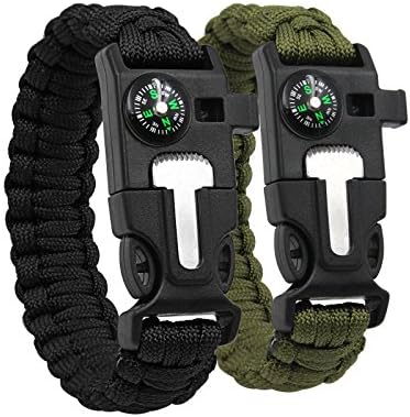 VANSU 2 Pack Survival Paracord Bracelet Kit for Camping Hiking Outdoor Embedded Compass Fire Starter Emergency Knife Whistle Emergency Survival Bracelet Gear Kit