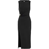 CIDER Womens Maxi Dresses Slit Boat Neck Sleeveless Ruched Waist Dresses Metal Decor Trendy Going Out Outfits