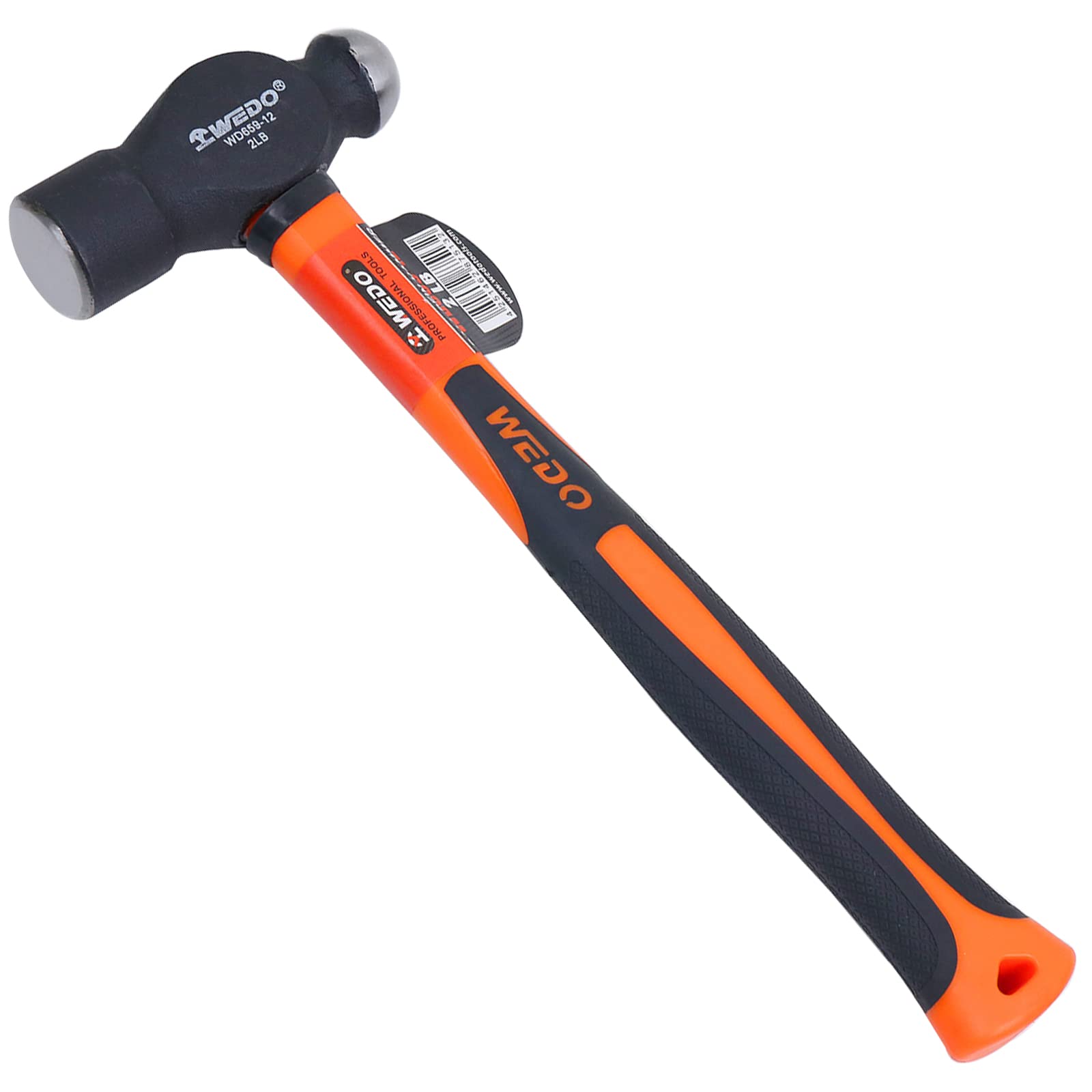 WEDO Ball Pein Hammer with Fiberglass Handles, 2lb Ball Peen Hammer with Plastic Non-Slip Coating Handle, High Carbon Steel, Die-Forged, Strong Torque,Length 340mm