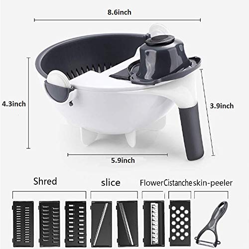 Rotate the Vegetable Cutter with Drain Basket 9 in 1 Slicer, Multi-functional Magic Kitchen Veggie Fruit Shredder Grater Slicer