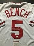 Autographed/Signed Johnny Bench Cincinnati Reds White Baseball Jersey JSA COA