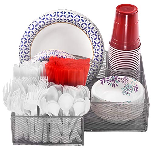 Eltow Silver Plate and Cutlery Organizer: Large Kitchen Spoon, Fork, Knives and Cups Holder - Sturdy Bowl, Napkin and Tableware Dispenser - Home, Restaurant, BBQ and Picnic Plate Organizer Caddy