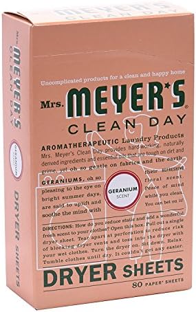 Mrs. Meyer's Clean Day Dryer Sheets Biodegradable For all garments and linens, Geranium, 80 Count