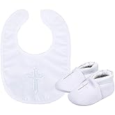 ESTAMICO Baby Newborn Soft Sole Shoes with White Embroidered Bib or Hat Set
